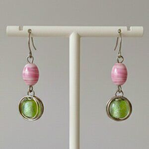Pink Green Glass Bead Earrings Pierced